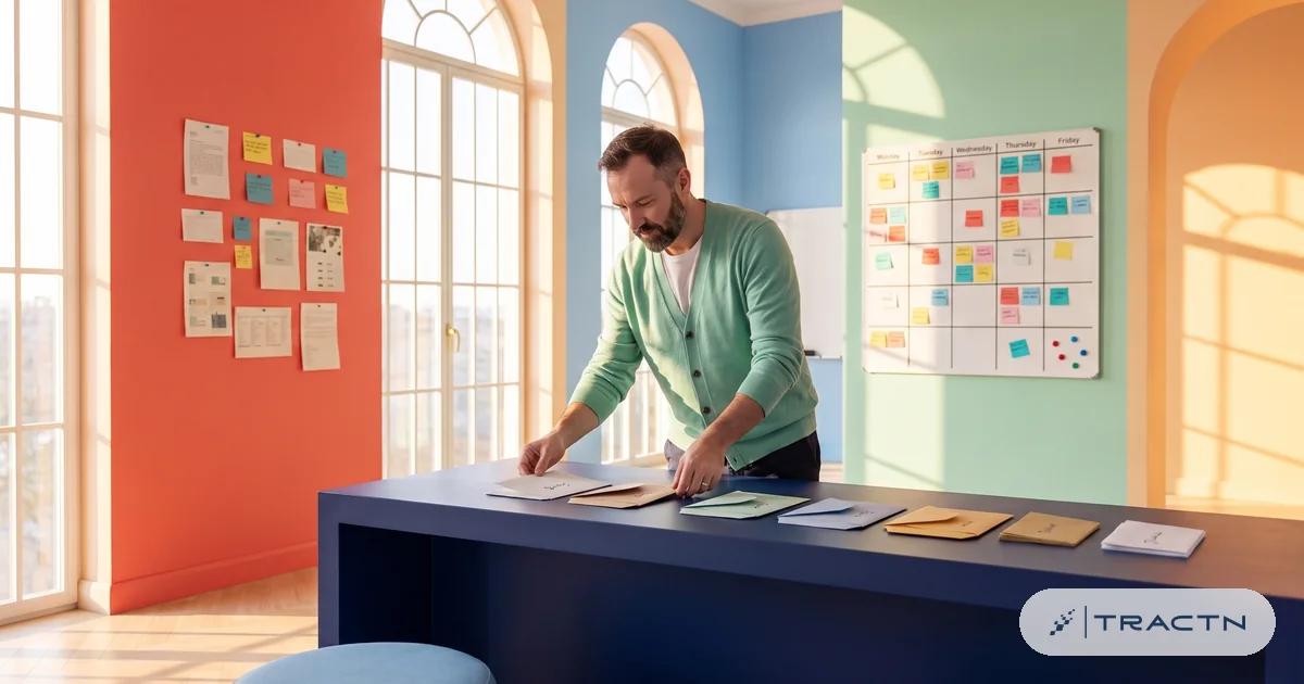 A marketer in his forties with a trimmed beard and a mint cardigan lines up a series of envelopes along the desk, each a different day