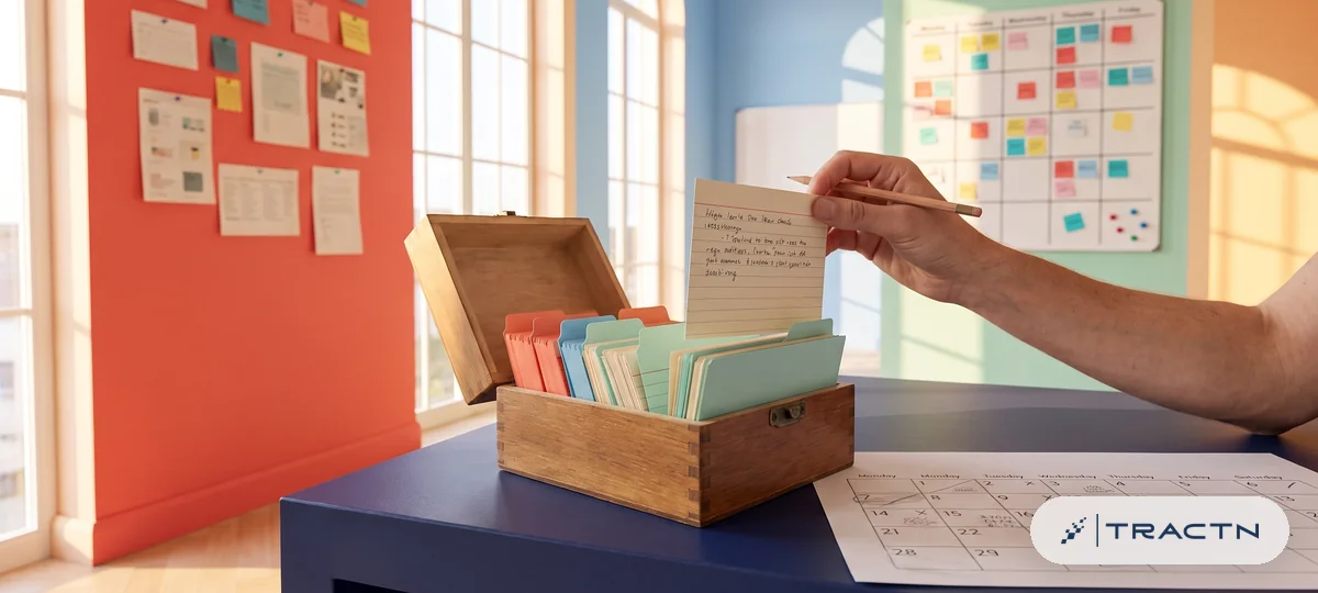 Close-up of an index card library box on the desk with tabbed cards and one card pulled up