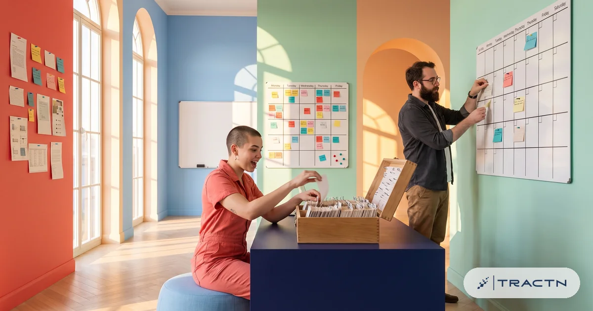 A creative pair at the desk: a young woman with a shaved side and a coral jumpsuit flips through a box of index cards of hooks while a man with a beard and glasses pins
