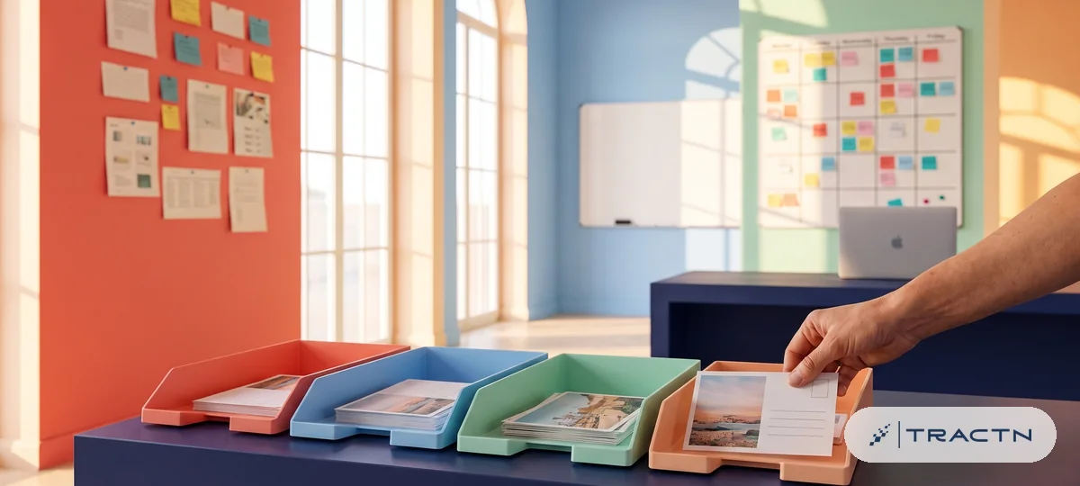Close-up of four coloured mail trays on the desk, each receiving a finished post card, a hand placing the last one - one post going out to several channels