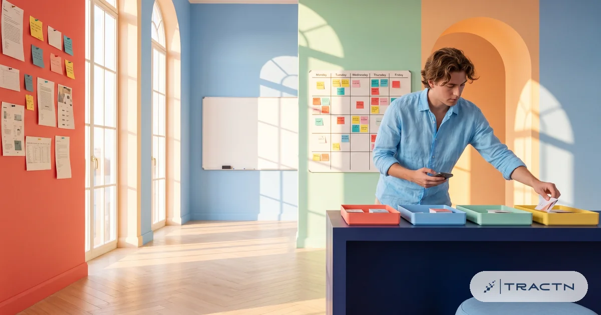 A young man with wavy hair and a sky-blue linen shirt sends content out: he places finished cards into four coloured trays labelled only by colour for different channels