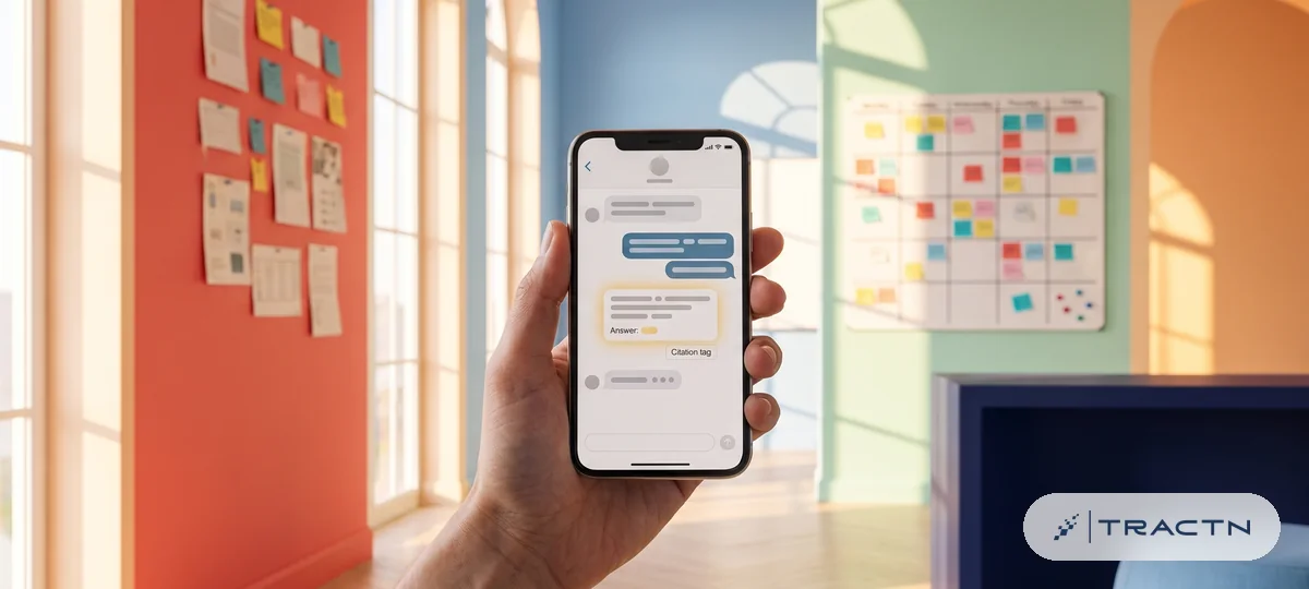 Close-up of a hand holding a smartphone whose screen shows abstract chat bubbles with a highlighted answer card and a small citation tag (no readable text)