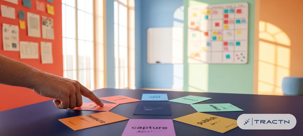 Close-up of six coloured cards laid in a circle on the navy desk forming a loop, with a central navy card in the middle, a hand pointing at the first card - learn, plan