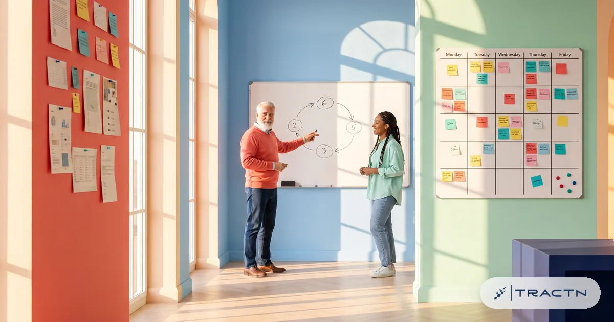 A welcoming onboarding moment: a confident older man with a white beard and a coral sweater shows a new team member, a young woman with braids and a mint shirt