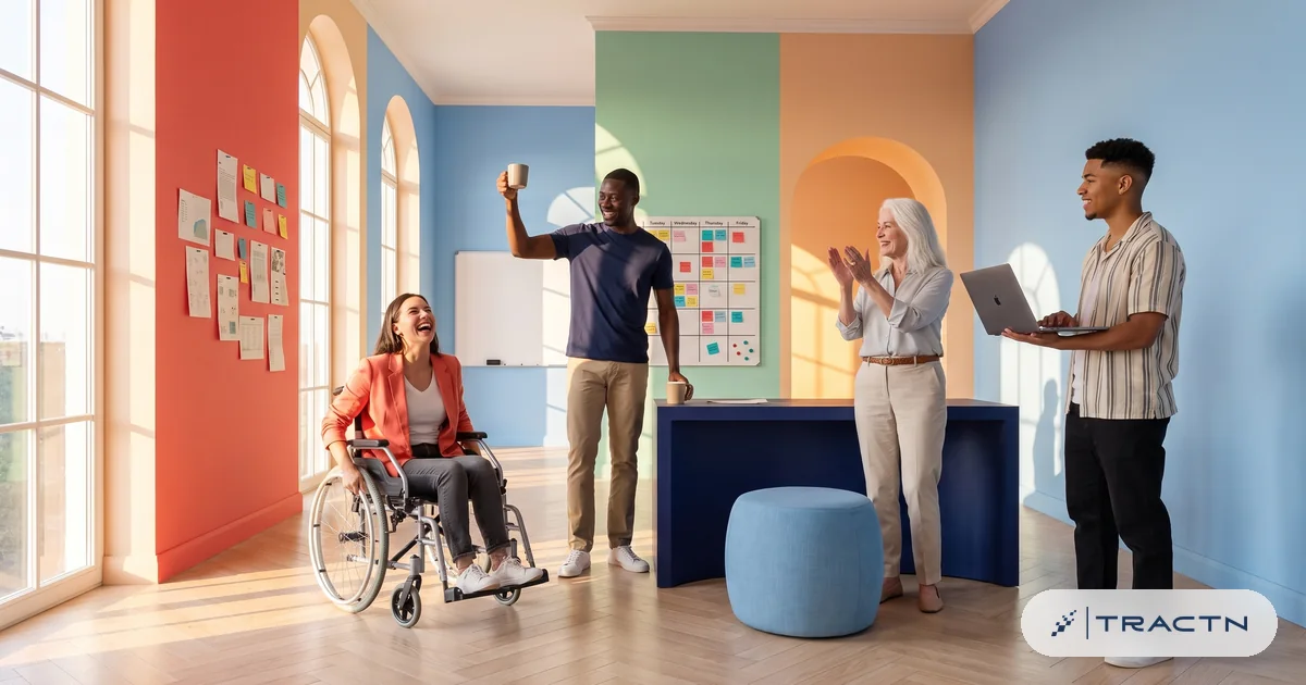 A diverse team of four celebrates a launch in the studio: a woman in a wheelchair with a coral blazer laughs, a tall man in a navy tee raises a coffee