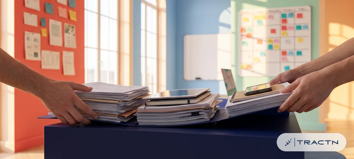 Close-up of three different stacks of papers and devices being slid together by two hands into one neat navy folder - several tools becoming one