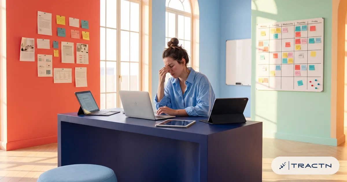 A tired freelancer in her late twenties with a messy bun and an oversized sky-blue shirt sits surrounded by three laptops and two tablets all open at once