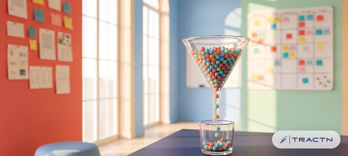 Close-up of a clear glass funnel on the navy desk with many small coloured beads at the top and only a few reaching a small cup at the bottom - leads becoming customers