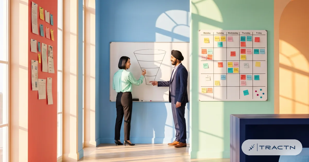 A woman in her thirties with a sleek black bob and a mint shirt draws a large funnel shape on the whiteboard with four horizontal layers