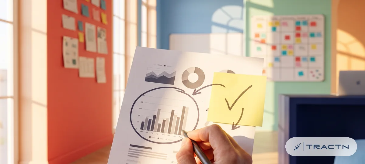 Close-up of a printed report page with charts where one chart is circled and an arrow leads to a sticky note with a single bold checkmark and an arrow - from what