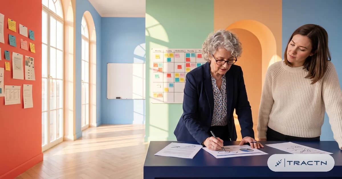 A finance-minded marketer in her sixties with short grey curls and reading glasses leans over printed reports at the navy desk