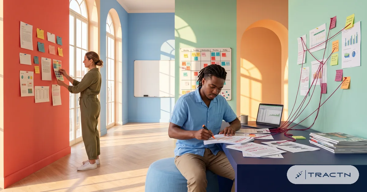 A man in his twenties with locs and a sky-blue shirt sits at the navy desk with stacks of sourced research printouts, highlighting a passage