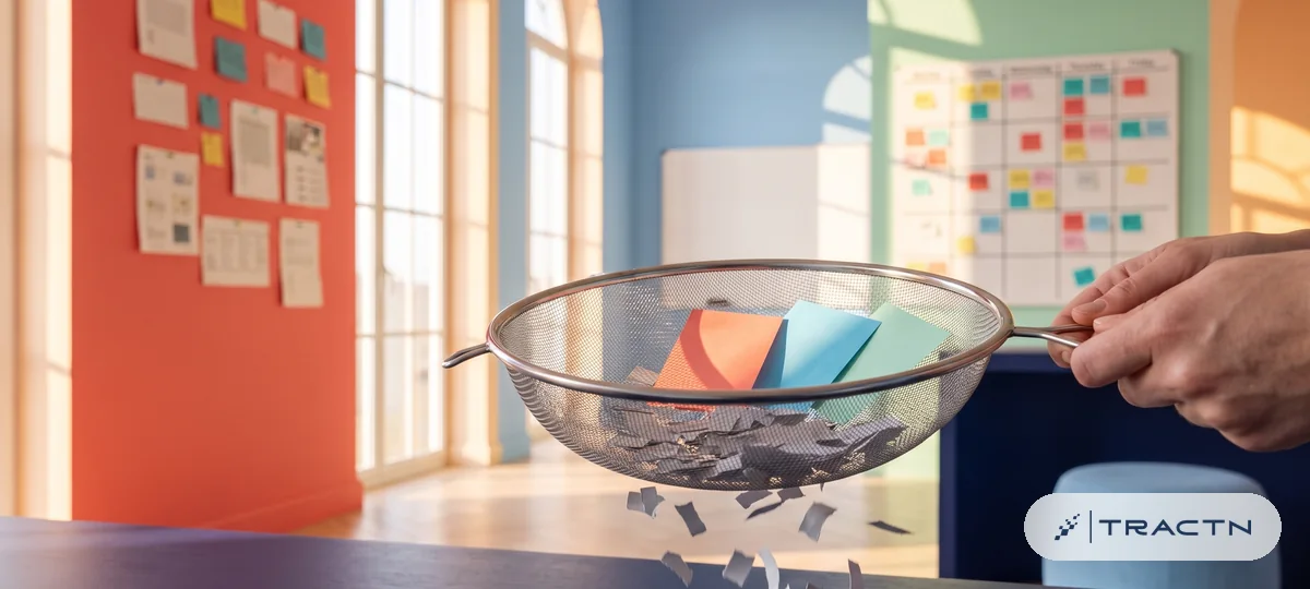 Close-up of a fine kitchen sieve on the navy desk catching a few coloured cards while many small grey paper scraps fall through - signal versus noise