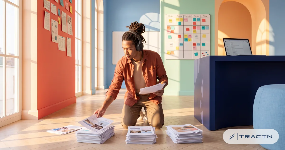 A man in his twenties with dreadlocks tied back and a terracotta shirt wears headphones and filters a flood of printed social posts on the floor into three neat piles