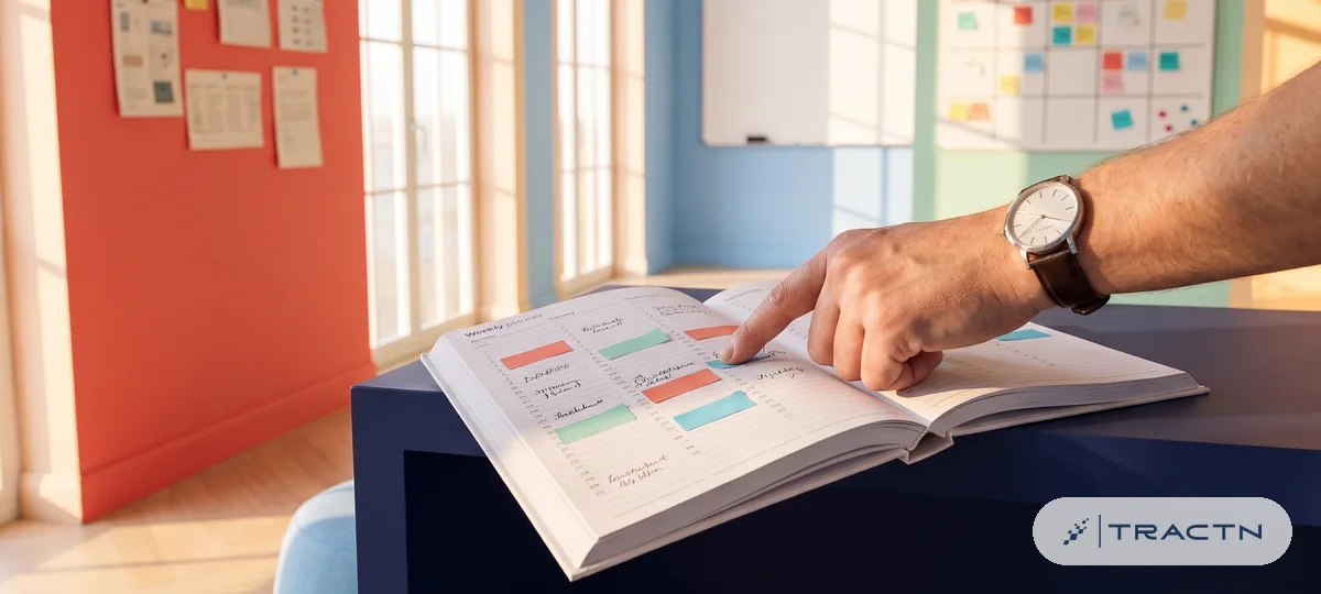 Close-up of a weekly paper planner on the desk with small coloured stickers placed at specific hours, an analog watch on a wrist beside it