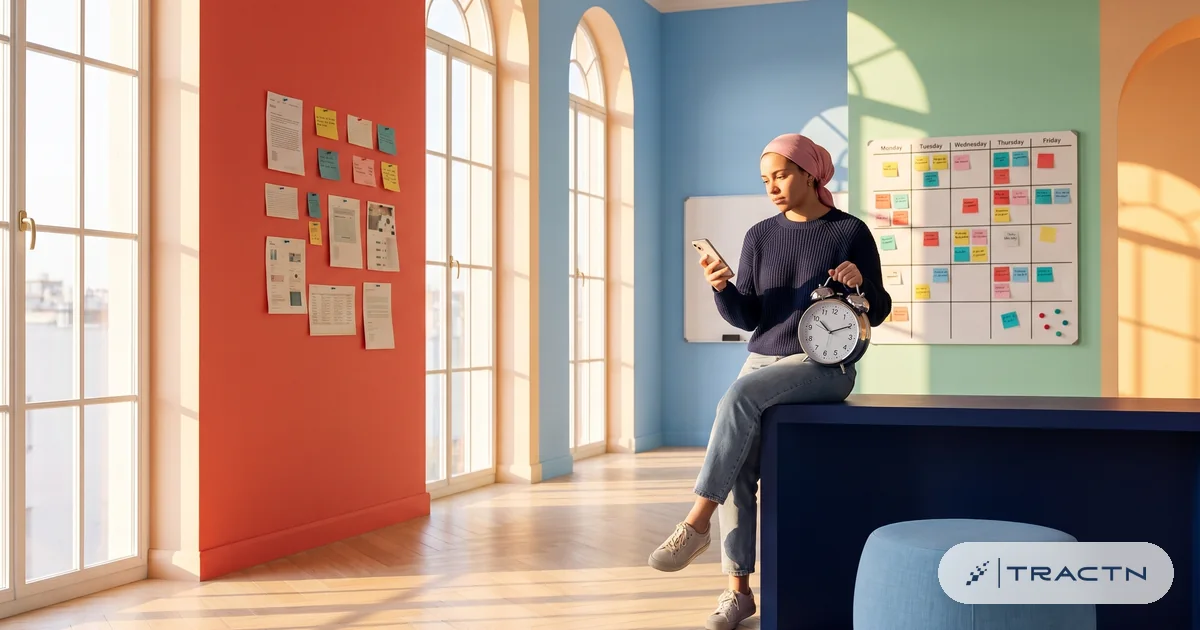 A young woman with a pink headscarf and a navy jumper sits on the desk edge holding her phone and a large analog alarm clock, deciding the moment to post