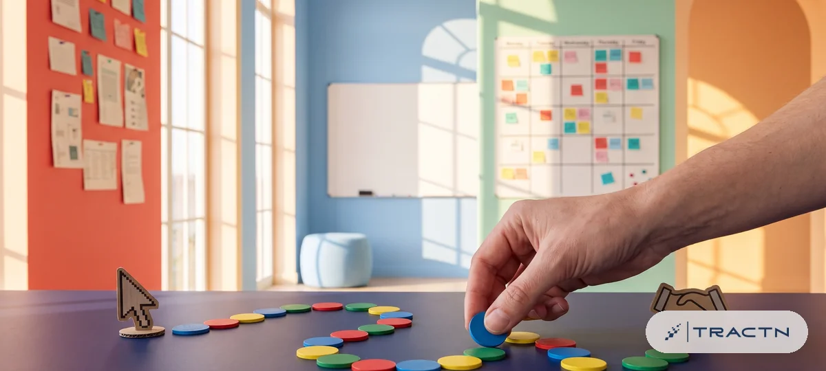 Close-up of a path of coloured tokens on the desk from a small cursor cut-out to a handshake cut-out, with a hand moving one token along - from click to client