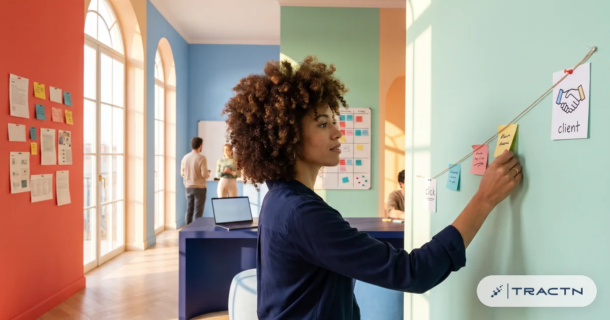 A woman in her thirties with a curly afro and a navy shirt follows a long string pinned across the mint board from a small 'click' card through several stages to a