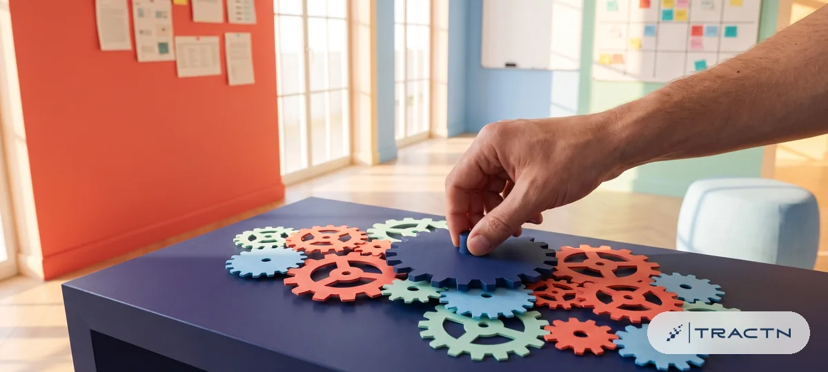 Close-up of gears made of coloured card meshing together on the desk around a central navy gear, a hand turning the central one - the engine that connects everything
