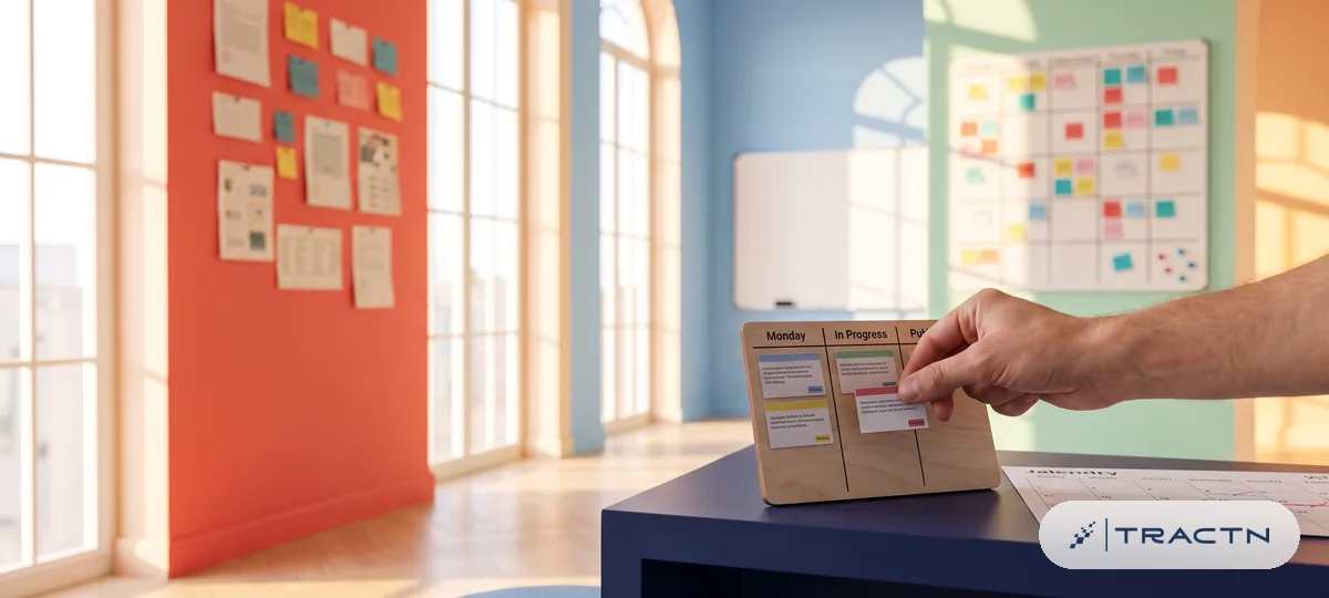 Close-up of a mini kanban on the desk with three columns of small cards and a hand sliding one card into the last column