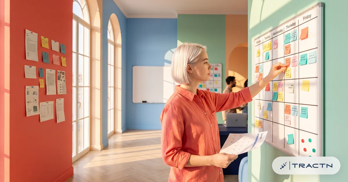 A young woman with short platinum hair and a coral shirt manages a kanban board on the mint wall, moving cards from draft to scheduled to published