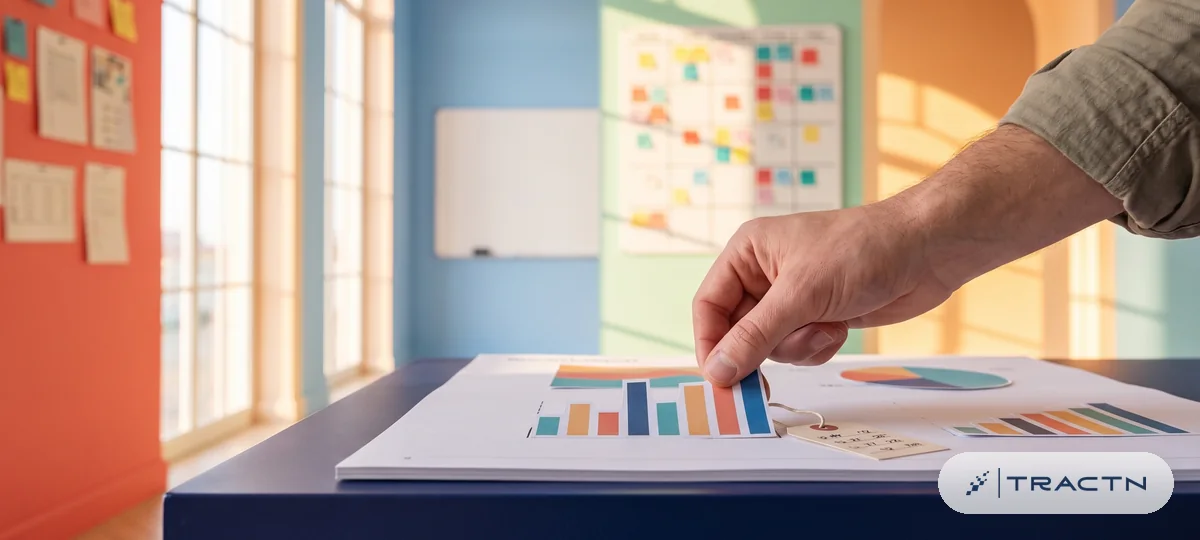 Close-up of a report page being assembled on the desk from cut-out chart pieces, a hand placing a bar chart into an empty slot