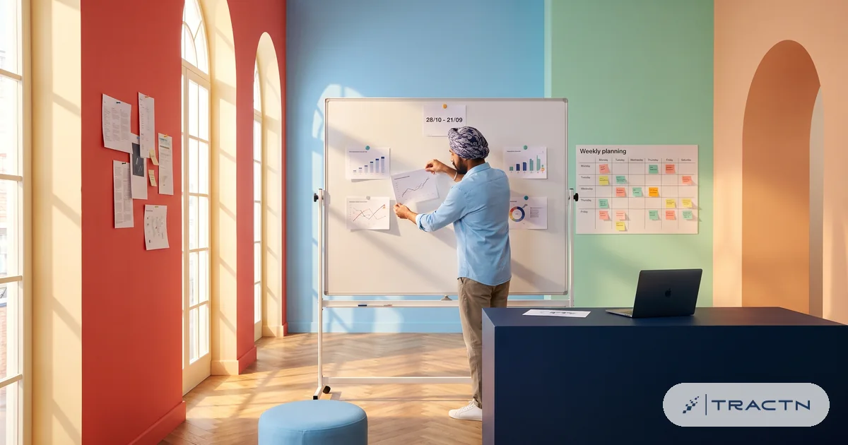 A man in his thirties with a turban and a sky-blue shirt builds a report on the board by arranging printed chart cards into a neat layout, choosing which to keep