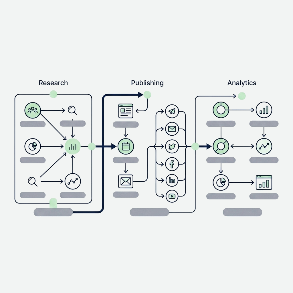 Marketing pipeline flowing from research through publishing to analytics